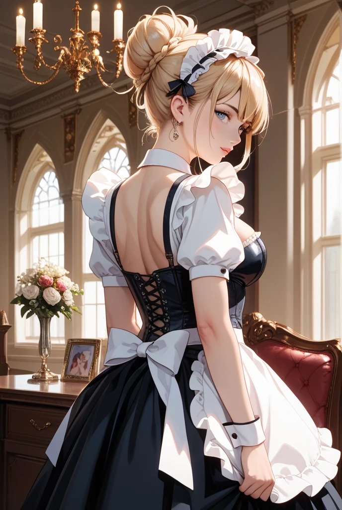 (masterpiece, best quality:1.2), cowboy shot, solo, 1girl, hilda \(beelzebub\), expressionless, looking at viewer, maid uniform, black elbow gloves