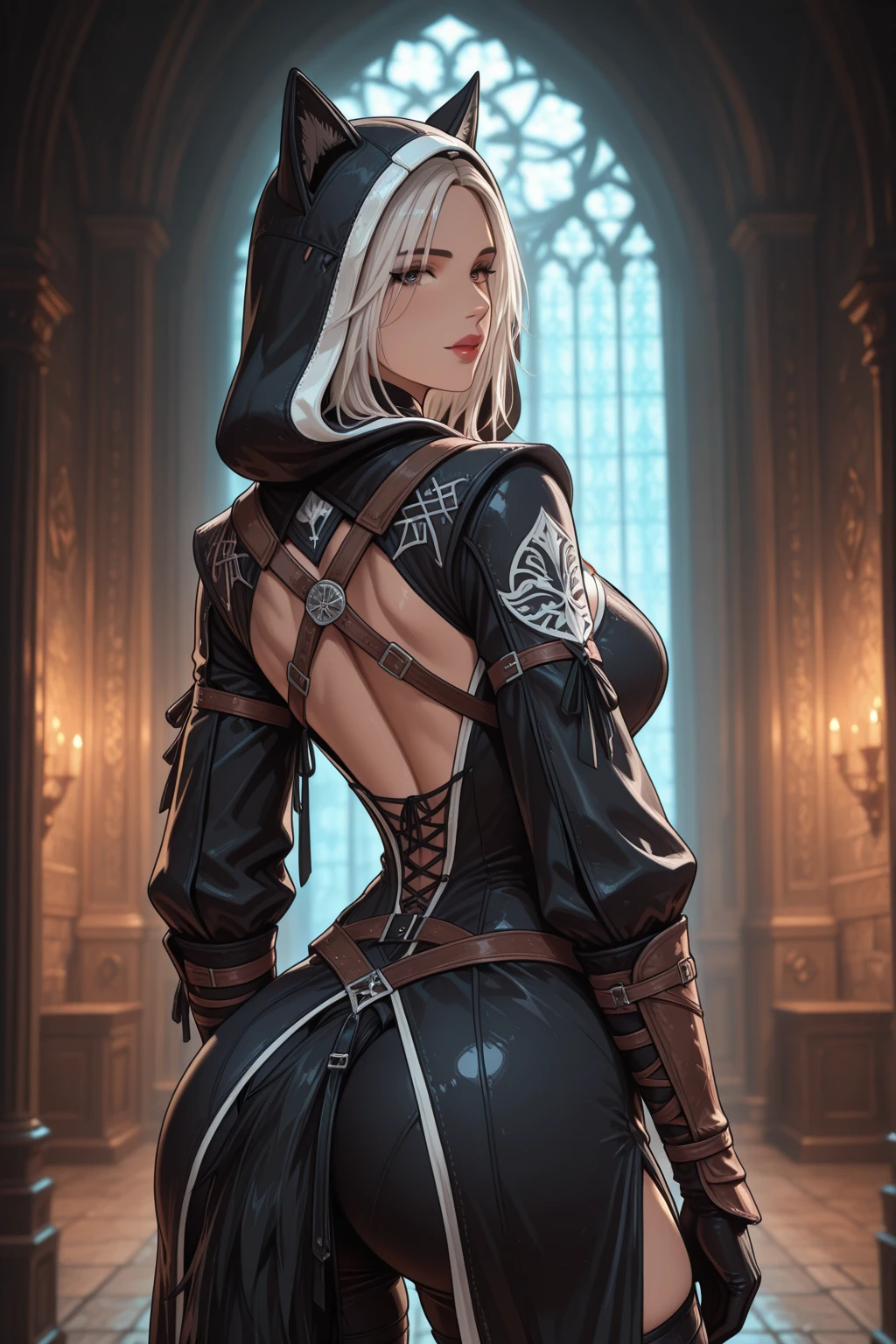 best quality, female, blushing, freckles, white hair, ((oiled skin)), (((adventurer clothing))), ((dungeon corridor)), skinny, (((1girl))), ((facing viewer)), (((thigh highs))), ((tiny breasts)), skirt,32K, 8K, (In the chest:1.2), ((Opening legs)), masterpiece, ((Wearing leather)), Wide waist, ((open one's legs)), sweaty and shiny skin, Look at viewers , full body Esbian, perfect bodies, ((holding double barrel shotgun))