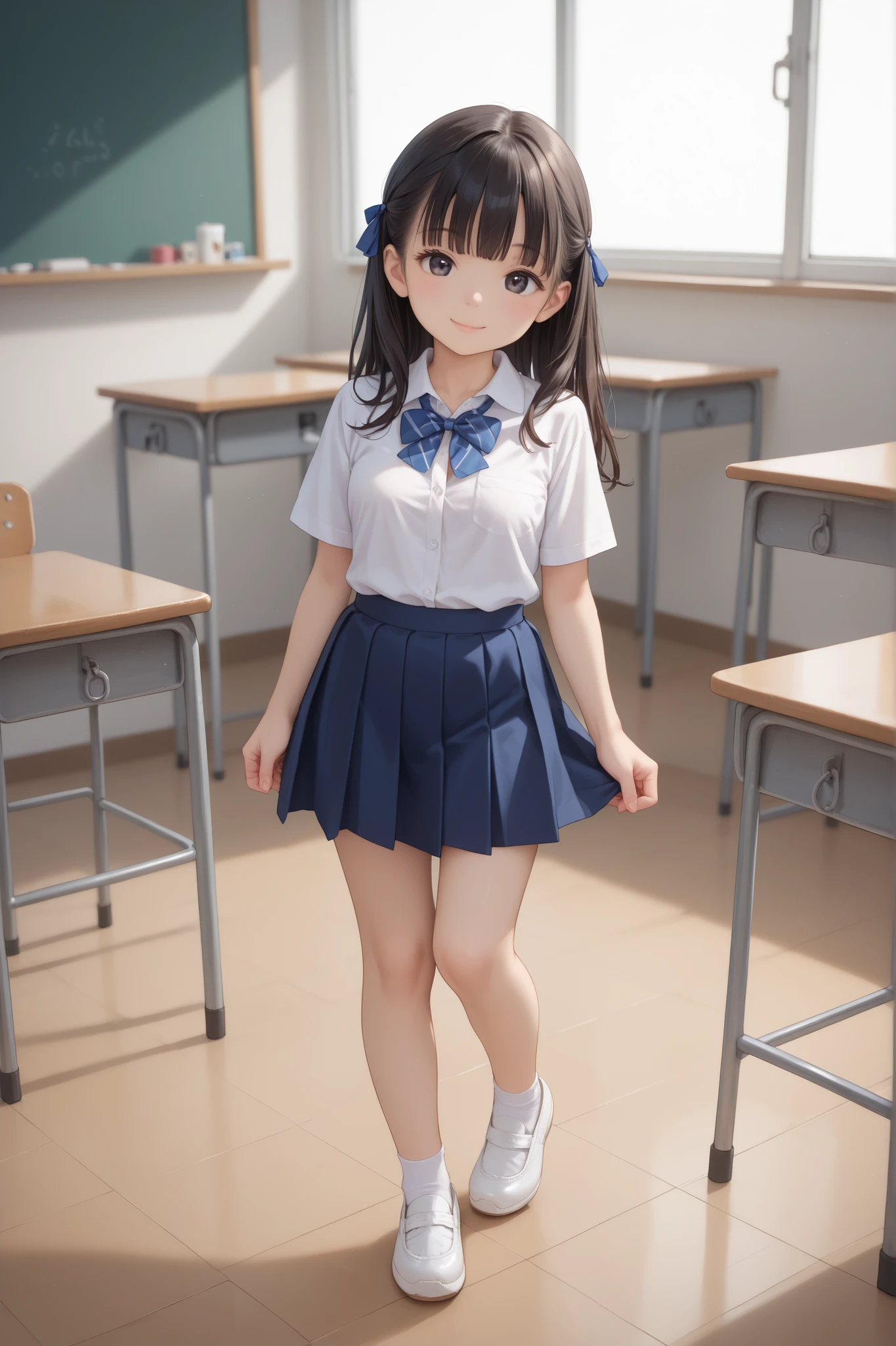 score_9, score_8_up, score_7_up, source_anime, masterpiece, highest quality, young girl with large-sized breasts, black eye, black hair, long hair, white shirt, short sleeve, school ribbon, cleavage, navy blue skirt, white socks, white shoes, in classroom, smile, full body