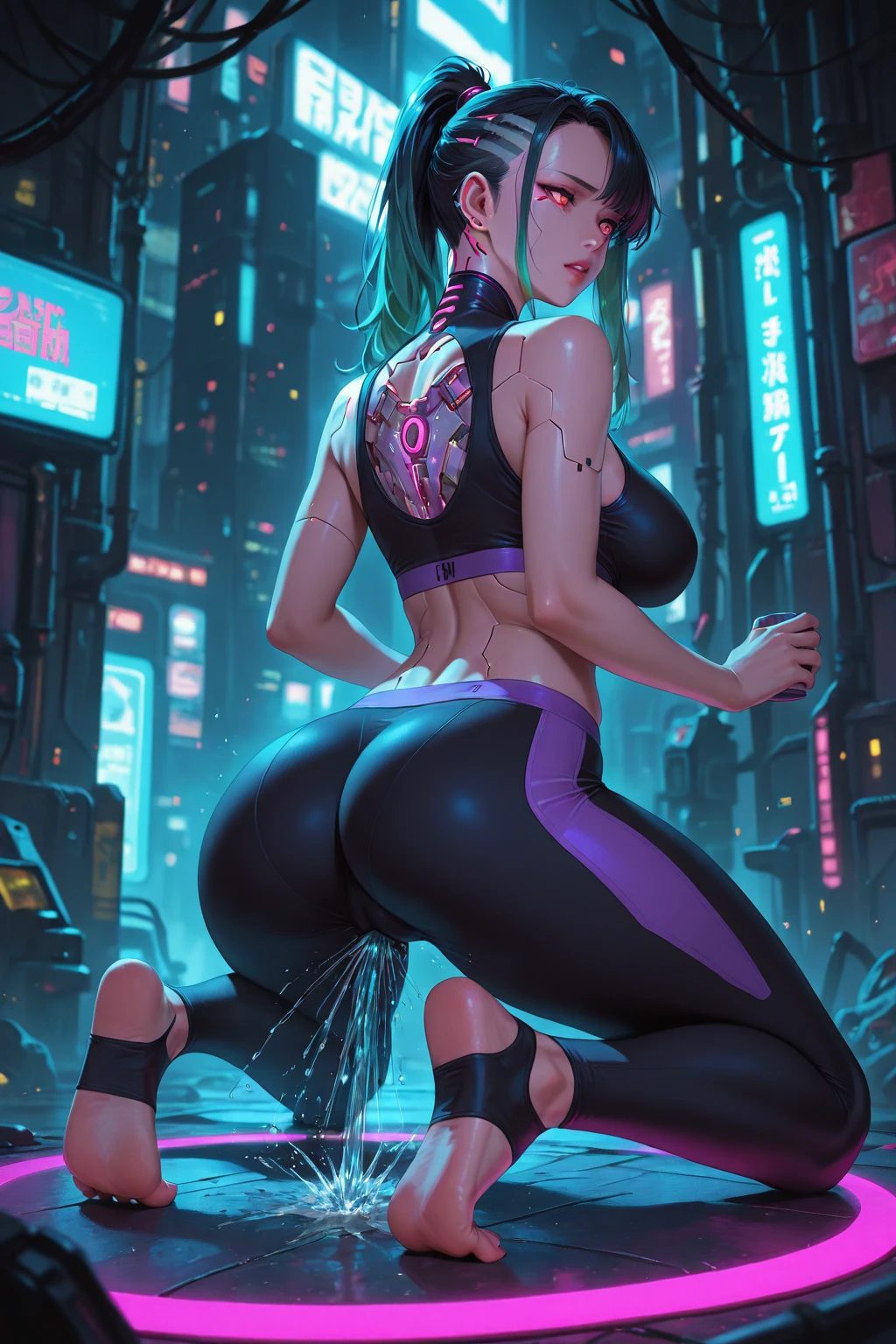 1 beautiful woman, brunette, heroic pose, full body portrait, blue hair, layered cut, blue silk top, open coast, leg pants, semi-transparent miniskirt, best quality, (beauty), masterpiece, cinematic lighting, extremely detailed, physics-based rendering, artstation, saturated, narrow waist, thin tattoo, long legs, thick thighs, focus on muscular legs, swollen eyes, light makeup, shiny skin,  With his back to the viewer, firm expression, back to the camera, displaying back, looking spectator, in neon tokio tall buildings in the background, blue neon, rainy