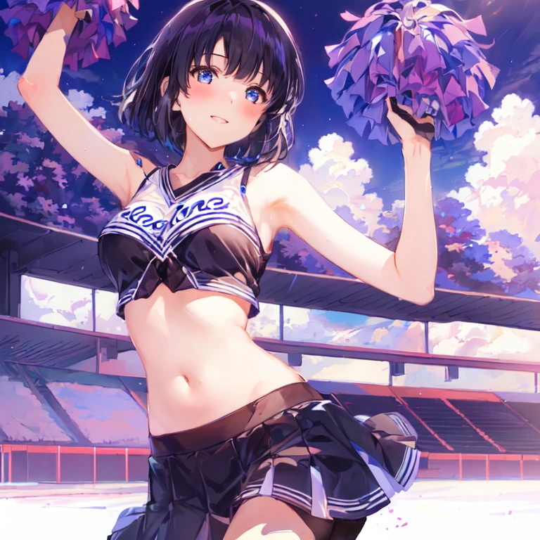 yuukikonno, yuuki konno, hair band, Long Hair, Pointed Ears, Purple Hair, (Red eyes:1.5), (Small breasts:1.2), Open your mouth wide,(Very delicate eyes), (cheer leading), (whole body),smile,blush,Lower, (Sweaty), Sweaty Wet Clothes, (Purple clothes), Pleated skirt,Black socks,sneakers,Belly-baring support, playground, (Jump), (Jump), 足を曲げてJumpする, air, blue sky, Grass原, smile,Cheerleader, Pom-pom \(cheer leading\), Grass, smile,
break looking at viewer, whole body,(Cowboy Shot:1. 5) ,
break outdoors, Stadium,crowd, people々々,
break (masterpiece:1.2), Highest quality, High resolution, unity 8k wallpaper, (figure:0.8), (Beautiful attention to detail:1.6), Highly detailed face, Perfect lighting, Highly detailed CG, (Perfect hands, Perfect Anatomy),