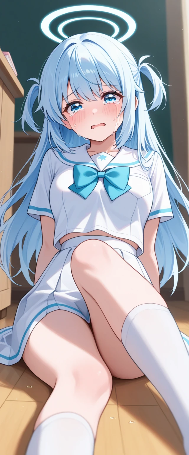 (muste piece), (best quality), (score_9, score_8_up, score_7_up), very detailed eyes, expressive eyes, perfect face, very detailed face, highly detailed face, beautiful girl, 8K, beautiful girl, white background, delicate and beautiful face and eyes, dark intense shadow,
1 girl, vtuber style, cool girl, hololive, vtuber, Kagura , Silver hair and pink colored inner hair, long hair, blue eyes, hair between eyes, ahoge, Berets, Sailor dress, sleeveless dress, short skirt, bow, skirt_lift, underpants, cameltoe, small chest, clavicle, Lower abdomen, shy expression, blush, (full body), naked thighs, sandals, standing, sweating, wind blowing, from below, pov crotch,