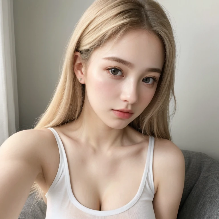 (Photorealistic),(Masterpiece),(ultra-detailed),a very close selfie of very pretty and tall idol girl but so busy that she had starved for a month so very close to fainting but somehow stays conscious for her fans and has extremely thin which are just bones and thinner than sticks and she is wearing a white loose silk dress,ghostly appearance because of thinness but beautiful