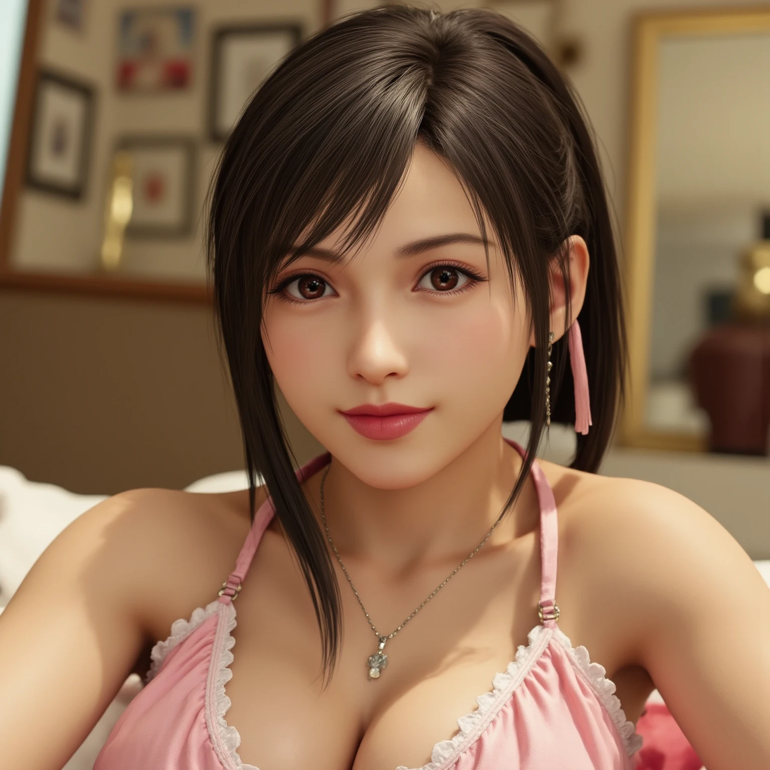 panorama,long shot,nighttime,(1girl),akiryo-mai ,Necklaces, earrings,Brownish red hair,Shy, blushing,see-through,(Pink Mini Lace Dress:1.6),(sweat:1.25), (Rose-tattoos :1.2) ,(((solo))),depth of field,(Masterpiece:1.5),(best quality:1.4),extremely detailed ,3D,Cinema-4D , 8k,Photorealistic ,( Charming female body), (gigantic breasts),Facing the camera, Pink lips,(((Finger details))),Subject centered,(((Extra hands))), (((extra legs))),