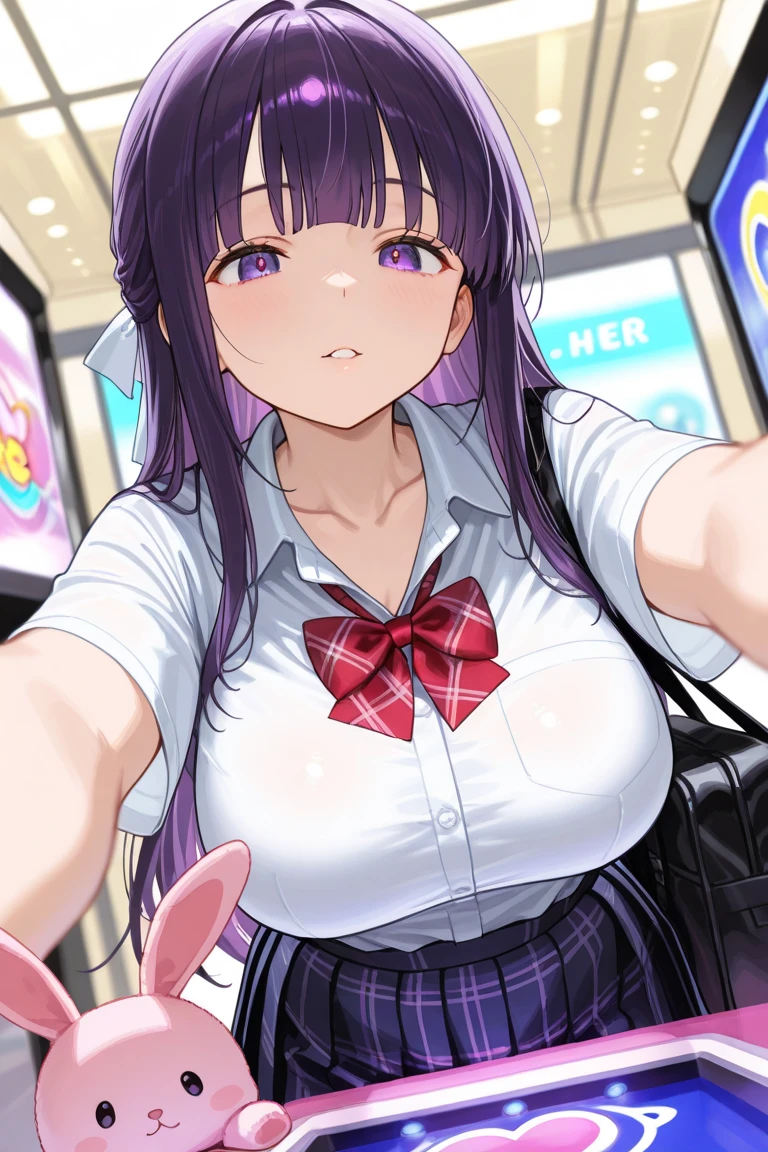 (1girl, solo:1.5), long_hair, purple_eyes, purple_hair, bangs, smile, symbol-shaped pupils, multicolored hair, star-shaped pupils,  ,nsfw , large breasts, nipple, Walking, ,  ,ShoppingMall, , 　frozen, wet, ,, Naked, Blind ,Temptation, Blank look, empty eyes
