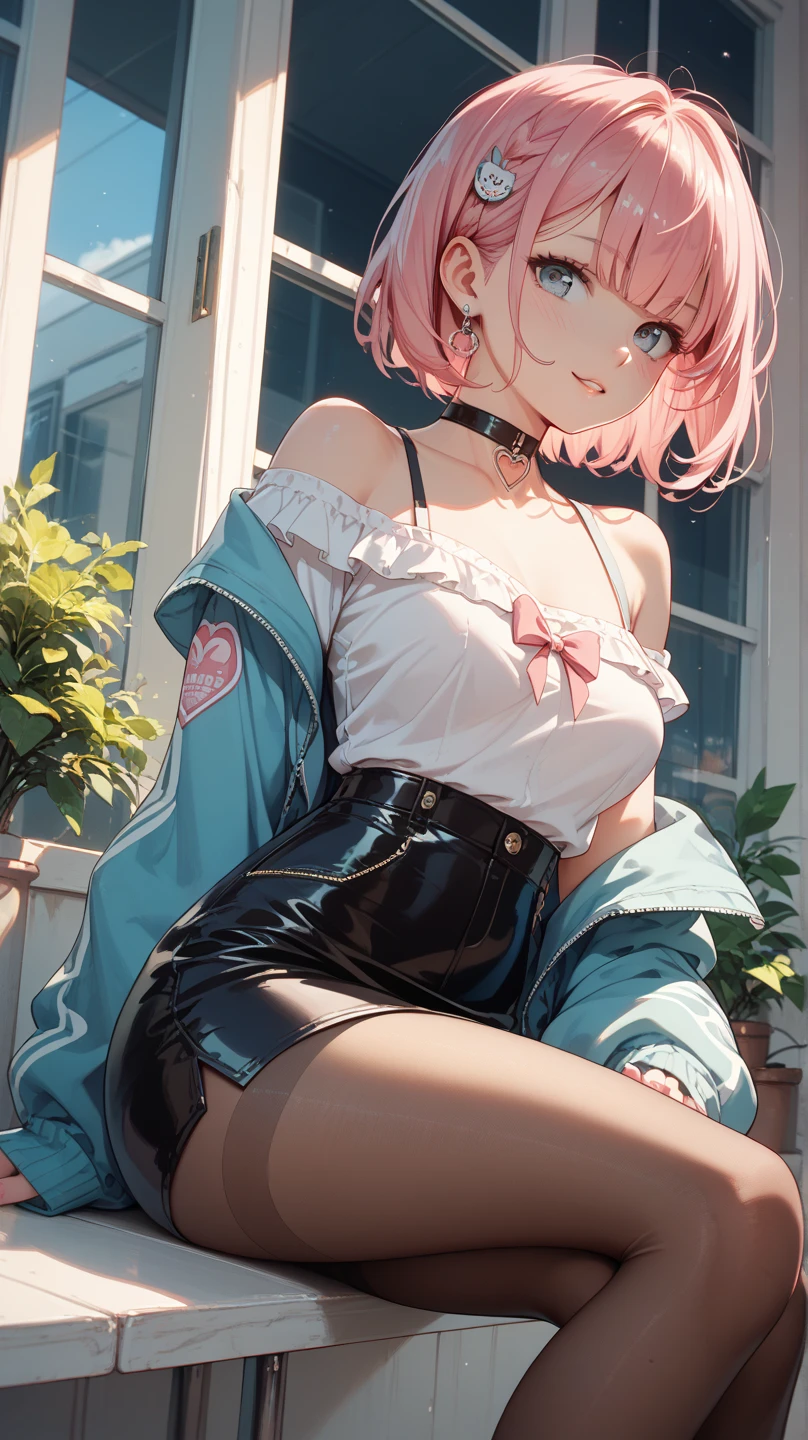 ((Highest quality)), ((masterpiece)), (detailed), high school girl，Lewd，Pink Hair，smile，Sleeveless T-shirt，Shaved，Knee socks，No bra，M-shaped legs