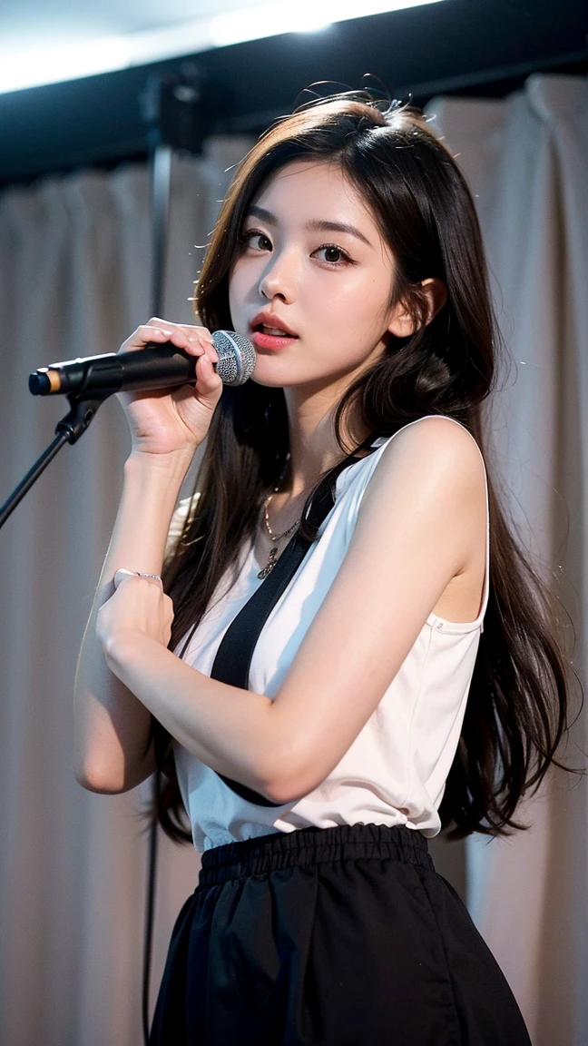 Best Quality, Masterpiece, Ultra High Resolution, (Realistic: 1.4), Original Photo, Head Photo, Skin, Simple Background, Black Eyes, Detail, Selfie, 1 Girl, night, on stage live concert, sing a song with microphone.
