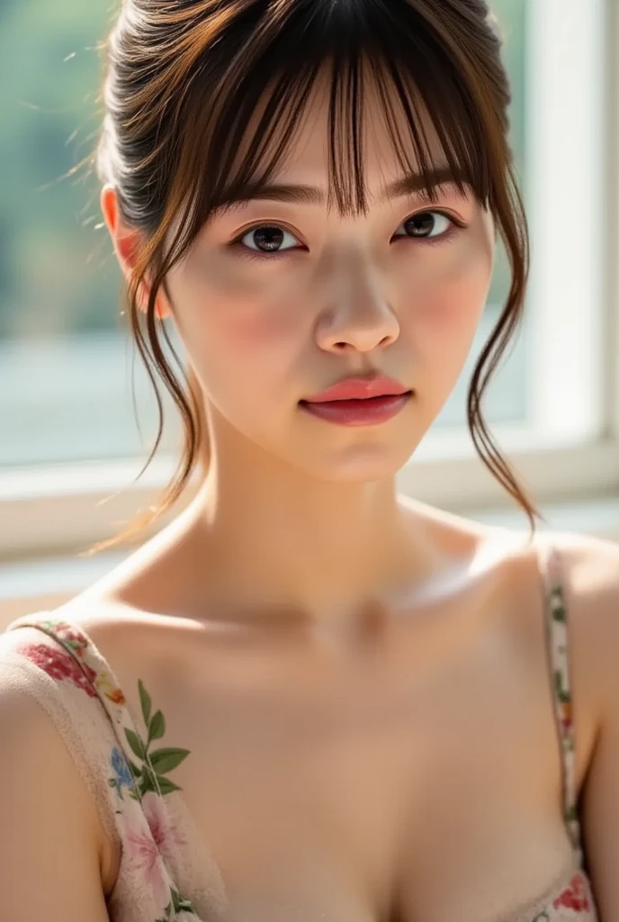 (((smile、Focus on the eyes:1.1、Extremely detailed:1.22、Ultra-high resolution、masterpiece:1.45、Highest quality)))、((((Whole body expression:1.68、camisole、Leaning forward、One person))))、long, straight black hair、So that every single hair is clearly visible、The subtle color changes of hair depending on how the light hits it、 Skin has a natural glow、Fine skin texture、Representing the fine details of pores:1.25、Details of the light redness on the forehead and cheeks、(((Eyes with fine iris details、The eyes depict color gradations and patterns.、Long, natural-looking eyelashes, each and every one visible、Well-groomed eyebrows、眉毛のindivual々The hair is clearly visible、Light reflecting off into the eye、The light in the eyes creates small highlights)))、The nose is delicate、Fine detail on the nostrils、Lips are plump and naturally pink、Depicts the fine lines and soft curves of the lips、lips are shiny and、The gloss on your lips accentuates their shape.、(((Detailed depiction of lip texture、Particular attention to the depiction of light and shadow、Soft natural light gently illuminates the face from the front、A faint glow on the forehead、A slight shine on the nose、A slight glow on the cheeks、Shadows are cast softly along the contours of the face、Accentuate the sides of your cheekbones、Accentuate the sides of the jawline、Emphasize the sides of the nose、The gloss on her lips reflects the light faintly、Lips emphasize the plump texture、The shadow of the hair gives depth and dimension、indivual々The hair shines in the light、