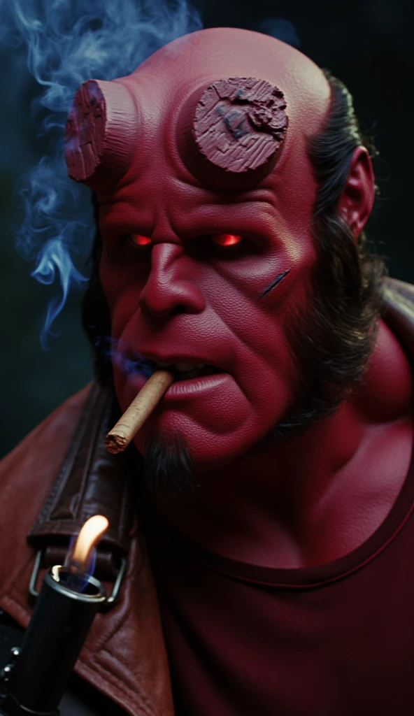 Hellboy, the image contains a drawing of a muscular red-skinned man with horns and a goatee. He looks to the right and his upper body is visible. ((without horns)) Artstation style illustration