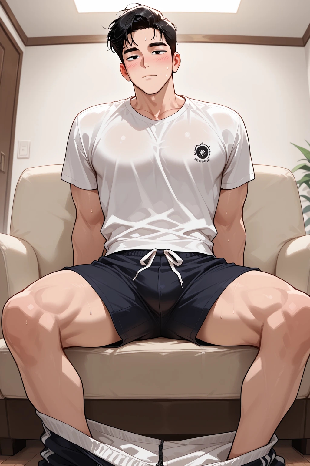 Very detailed black hair boy, detailed realistic blue eyes, muscular, wearing t-shirt, short blanco, with an erection, sitting on a bench, barefoot