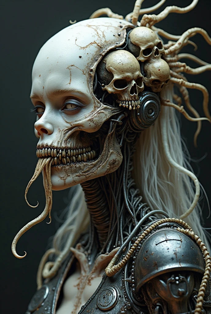 (art by ken currie:1.1), a female, sharper details, realistic, high details, soft shadows, cinematic, hdr, dust clouds, ruins on the background, horror
