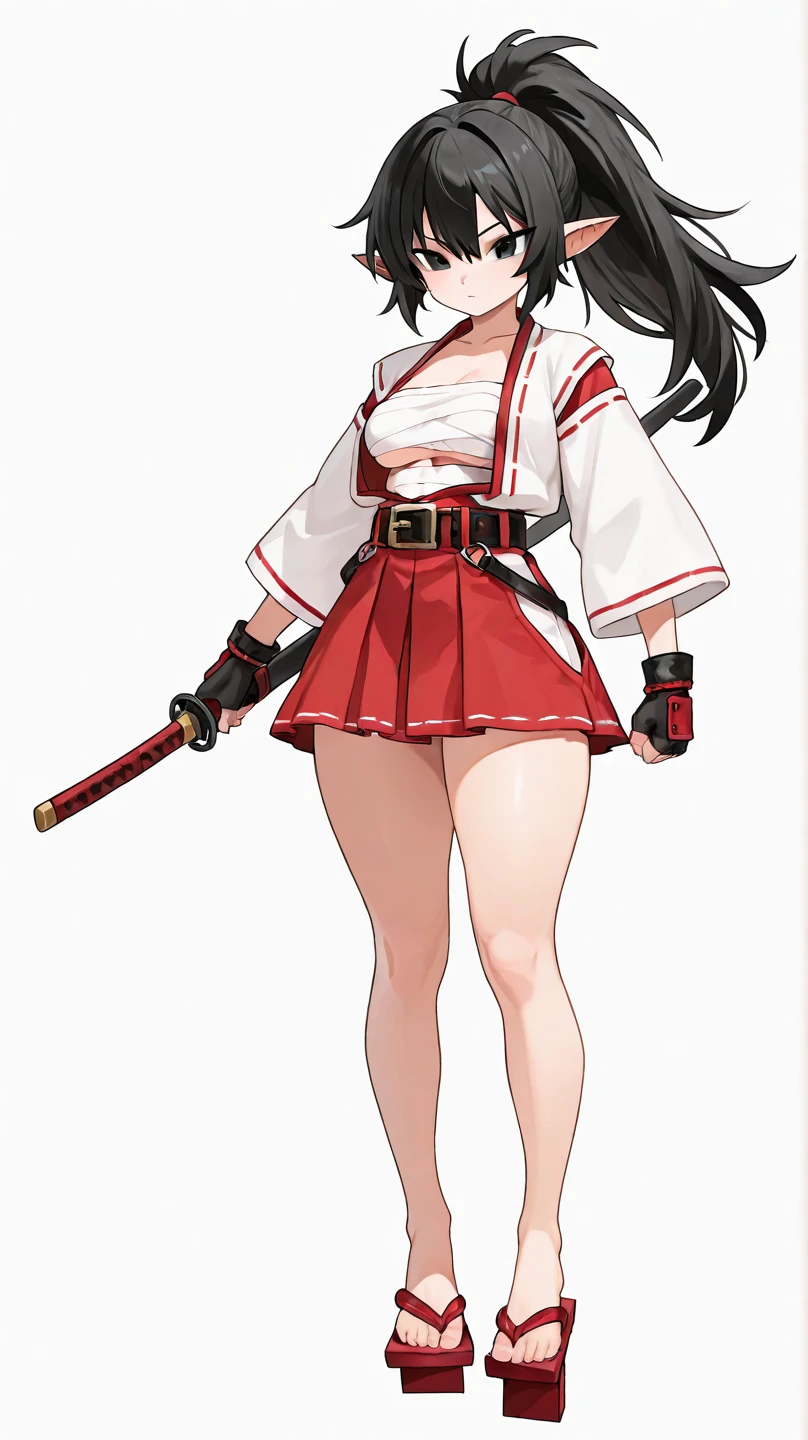 Anime woman, slightly muscular, big breasts, front and back, big ass, small waist, thick thighs, wide hips, curvy, 3d rendering, japanese archery outfit , barefoot, feet visible