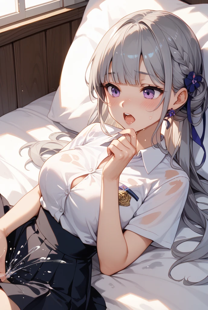 (最high quality,4K,8K,High resolution,masterpiece:1.2),Super detailed,Vibrant colors,Soft Shadows,Beautiful brushwork,Attention to detail,perfect render,rich skin tone,Expressive eyes,Captivating Expressions,Golden shades,Gears in the background,10 years old with long, curly light grey hair, Blue-purple robot eyes, A headband decorated with pearls and violet camellias, White shirt, Floral dark blue hemline、最high quality, High resolution, Very detailed, Detailed Background, Perfect lighting、masterpiece、Best image quality、最high quality、girl , (cryin) , independent , Looking into the camera, masterpiece, Anime art style, Cute Characters, Most detailed, high quality、((cry)))、(missionary, 1boy, penis, lying, vaginale, ass pov, spread legs, Sex, nsfw)、nose blush、steam、Shiny Hair、Very fine and beautiful bright eyes、Very detailed, clear and beautiful face, Awards, Anatomically correct、((missionary position,man on top, spread legs))、((Scared))