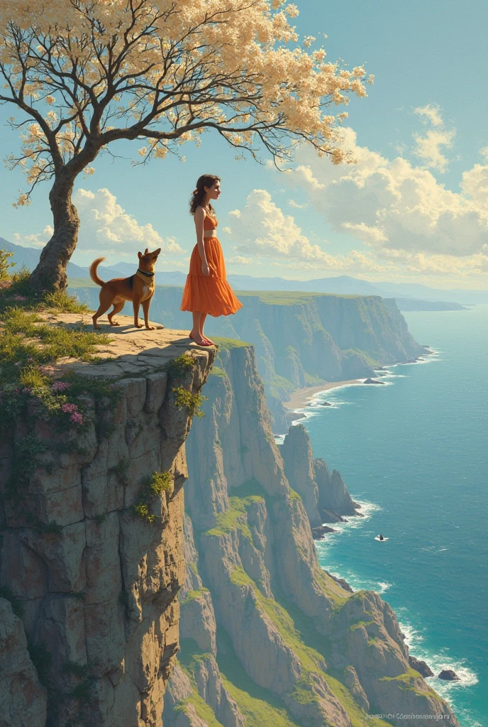 An anime style birthday invitation featuring a white woman, chestnut hair, smooth and long, very happy, with light energy, em cima de uma prancha de stand up paddle, with your brown dog, and her yellow and black cat looking at the horizon to see the sunrise over the sea.