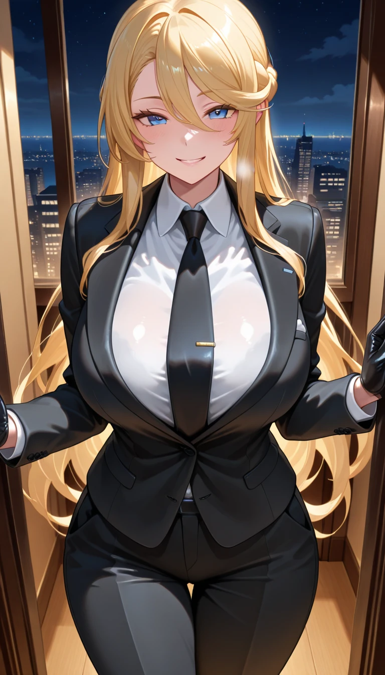 High resolution, 4K resolution, Facial Enchantment, Realistic Hair, Realistic eyes, highest quality. Create a sophisticated and attractive portrayal of a 38-year-old woman, Exudes confidence and professionalism in the office environment. Build her up like a wave, Long, flowing blonde hair, Captivating blue eyes that convey both intelligence and charisma. She should be depicted wearing a classy white shirt and a tight black skirt., The perfect balance of style and formality, Showing sexy cleavage. Accentuating her curves, Highlighting her natural elegance. Place her in the scene, sitting gracefully on a desk, Symbolizing the combination of authority and elegance. Pay attention to the details, Including the subtle nuances of her posture and facial expressions., To convey a sense of confidence and sophistication. While accentuating her curves, In depiction、Maintain elegance and professionalism. The goal、It's about creating images that capture your confident essence., Calm、Have a powerful office moment、Skilled and professional woman.Pink nipples、Showing her breastarried Woman、Functional、