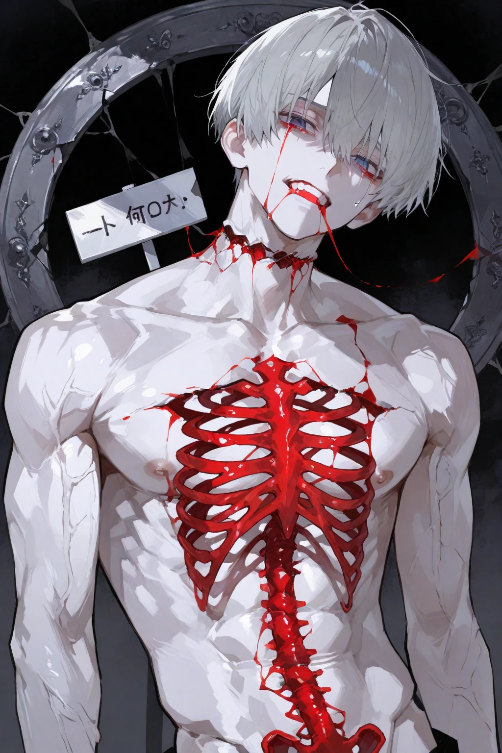 ((Best masterpiece, Perfect quality, Ultra detailed)), ((Grotesque, Fleshy, Parasitism)), ((Wounds, Cysts, Blisters, Tumors, Organs, Spines, Mucus)), A skinny girl, With slender body, With small breasts, With light gray hair, With worn out fabric, She was parasitized. Chrysalises are writhing inside her body. Scratched body, Teared skin, Decayed limbs, Mutated limbs, Bloody wounds, Lacerated cheeks, Parasites, Infection, Infesting, Surrendered, Corrupted
