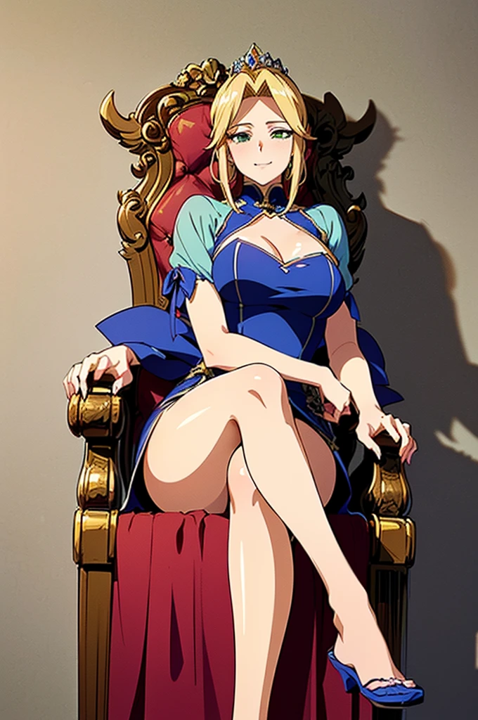 android18, 1girl, solo, breasts, looking_at_viewer, smile, short_hair, closed_mouth, blue_eyes, blonde_hair, medium_breasts, thighhighs, gloves, dress, bare_shoulders, jewelry, sitting, head_rest, arm_support, cleavage, thighs, earrings, sleeveless, elbow_gloves, indoors, black_gloves, black_thighhighs, sleeveless_dress, black_dress, throne