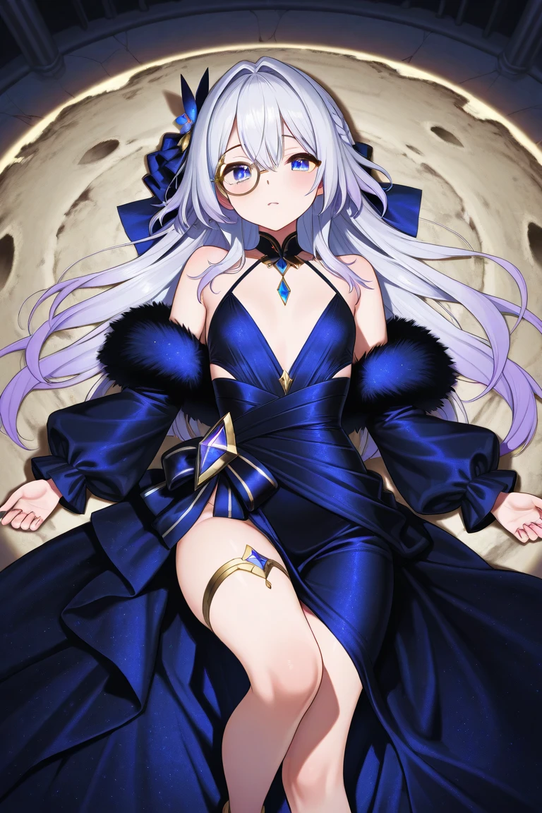 ((highest quality)), ((masterpiece)), (detailed), (Perfect Face)、The woman is Extia Spica, with long silver hair tied in two ponytails at the back.、She has red eyes, a gorgeous black long slit see-through dress that shows off her skin, a see-through cape with fur, a jeweled necklace, a tiara, earrings, a head dress-up chain, a waist chain, bracelets, anklet, etc.々She wears lavish jewelry and shiny black boots.