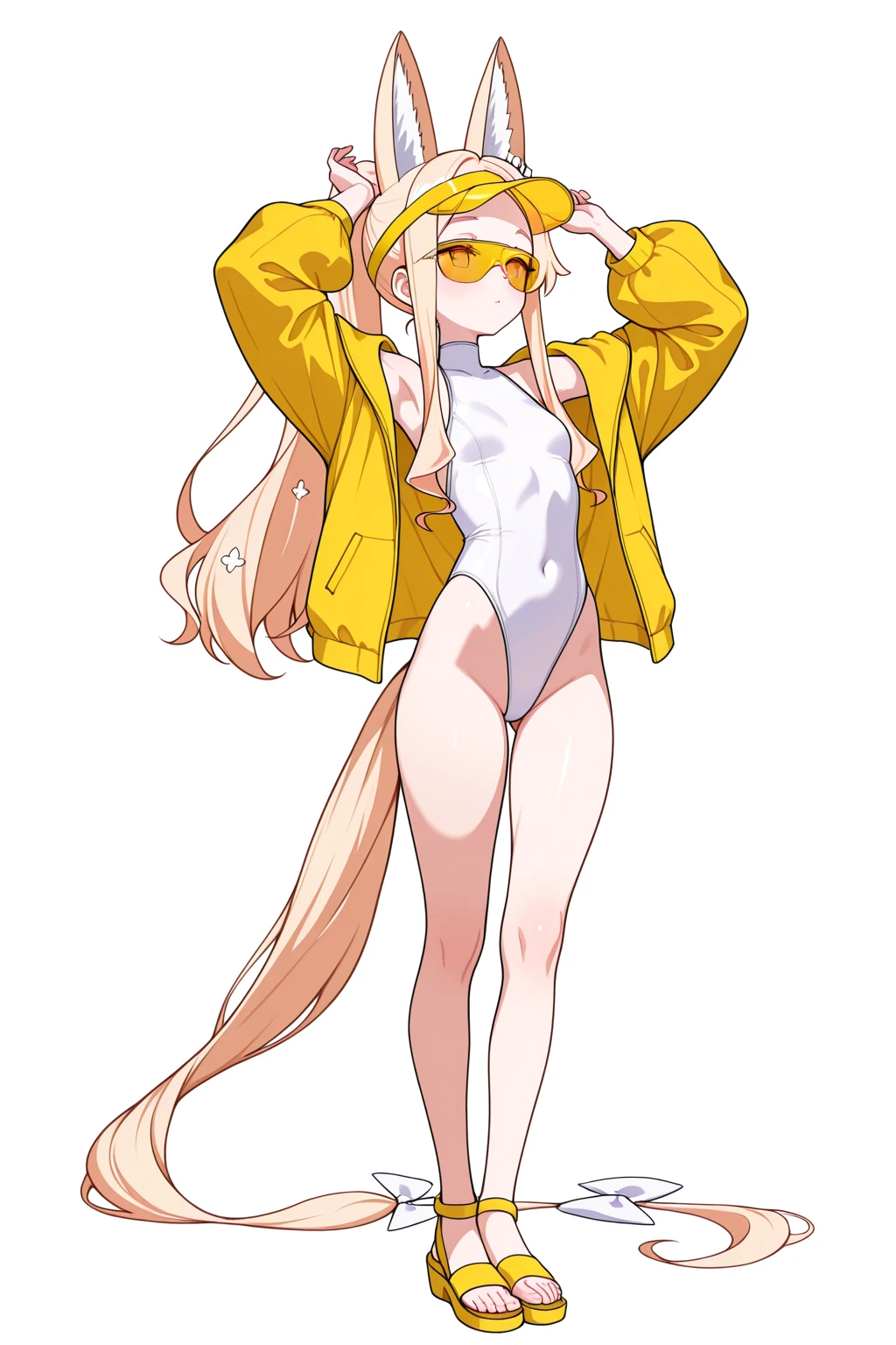 tsundere elf full body toe to head, long hair, blonde hair (green eyes:1.1) pointy ears, elf, multicolored hair, forehead jewel, yellow tiger bikini, standing symmetrical, plain background
