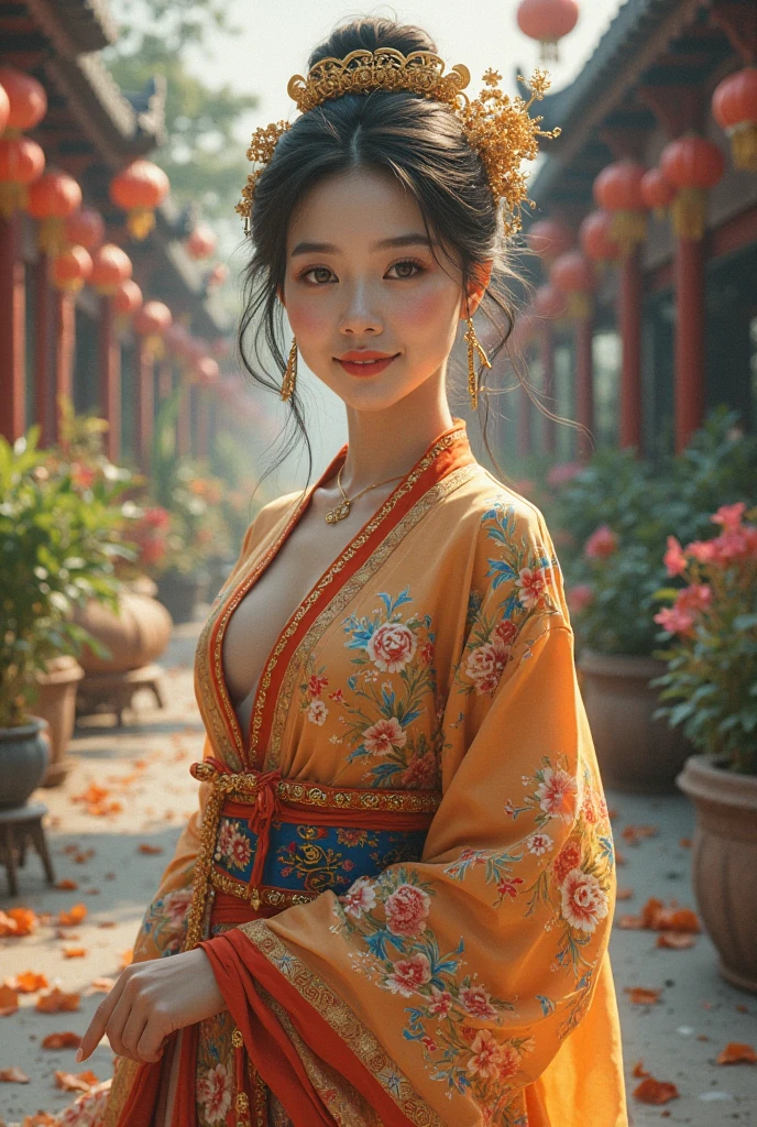 An elegant Chinese woman, She is beautiful，Strong posture, Her breasts are well proportioned, Pear-shaped feminine silhouette, black color hair, Long black hair, She has expressive eyes, )Her skin is fair， Busty, Farm, Brown rustic clothes, Farm-inspired fashion clothing, romantic atmoshere, Fire lights, spark of light, The flower wears hair half straight and half curly