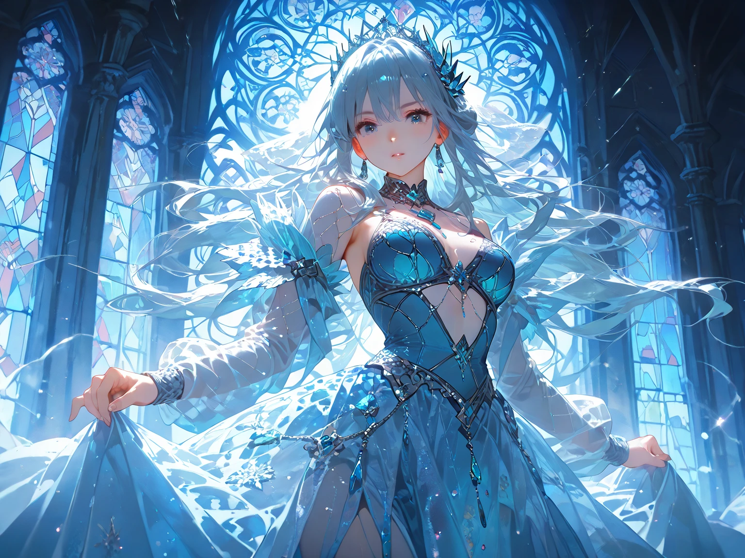 最high quality、One female elf filling the entire front screen、Succubus、(( cowboy shot ))((see-through body stocking))'((low angle1.5 ))、Beautiful eyes、tears、Huge stained glass、Beautiful decoration、brassiere、panty、Ice tiara、Swirling Ice、Crystal of snow、Ice Palace、最high quality , fractal art.Ice Throne、Inside the palace dome、Glowing iceの柱、Huge windows、虹Farbeに輝くステンドグラス、courtyard、 比基尼、Beautiful breasts、Large Breasts ((Laugh beautifully、))((Glowing ice ))SMqueen、Beautiful face、orgasm、Ecstasy、全身Beautiful decorationの下着、World of Illusions、Ice crystals、Crystal of snow、Ice wall、ice World、Bigger on the front、 Beautiful shine,High-definition depiction, Realistic, 8k, Unity, Beautiful thighs,,Giant Devil's Wings、虹Farbeに輝く翼、、 light smile, Beautifully and vividly drawn, , beautiful beautiful透き通る肌、輝くBeautiful decorationの魔法、、Beautiful decoration、 , beautiful、 Romanticism,mosquito。 The most beautiful form of chaos, Mr..々Farbe, Intertwined flowers, P article,Magical gentle light,smile,,image quality、masterpiece、Beautiful face、Super beautiful elf woman((Big breasted 22 year old office lady、Bust 120,Beautiful long ironed hair、Silver Hair、height: 165cm。、Esbian、、high quality、、Visual Arts、最high quality、1 womanエルフ NP: Worst quality ,beautiful fractal art 、frozen、、light、Beautiful radiance,High-definition depiction, Realistic, 8k, Unity, , light smile, Beautifully and vividly drawn, , Beautiful, beautiful, clear skin、 Countless rays of light pouring down, Swirling Light, big background, , Intense light is emitted from the magic circle in front of the girl. Romanticism,Cowboy Shot: 最high quality snow palace Artwork、uhd