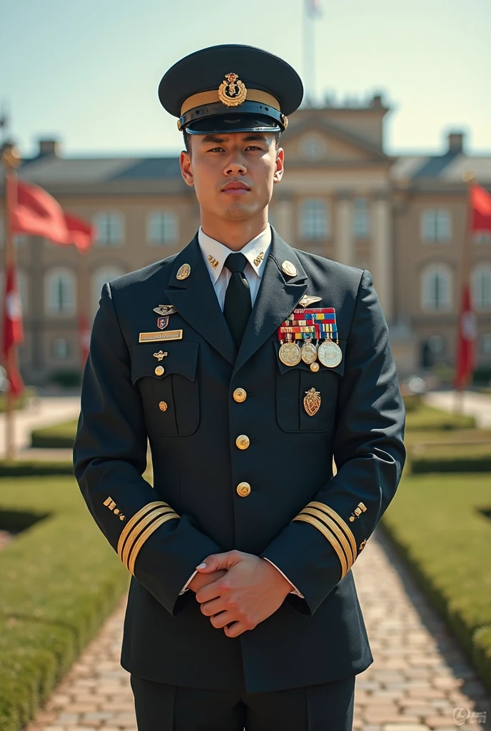 parade ground of military academy, JoeyMills, (age 18), dressed as Brian Moreland in the movie Taps, parade uniform, ((full body portrait)), wide angle, <lora:JoeyMills:0.8>