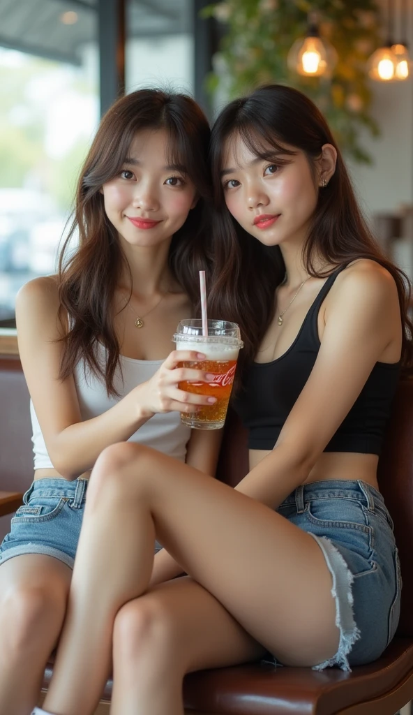 (8K、Raw photography、Photorealsitic:1.25)、1little girl、(20 year old woman with beautiful perfect face、Drink beer deliciously:1.5)、The moment you are drinking beer right now、Happy expression of blissful time、(sideshot)、Holding a beer mug in one hand、Put your mouth on the mug、on a couch、Pink camisole、Pink shorts、lipgloss、long lashes、Beautiful expression、shiny bare skin、top-quality、超A high resolution、a closeup