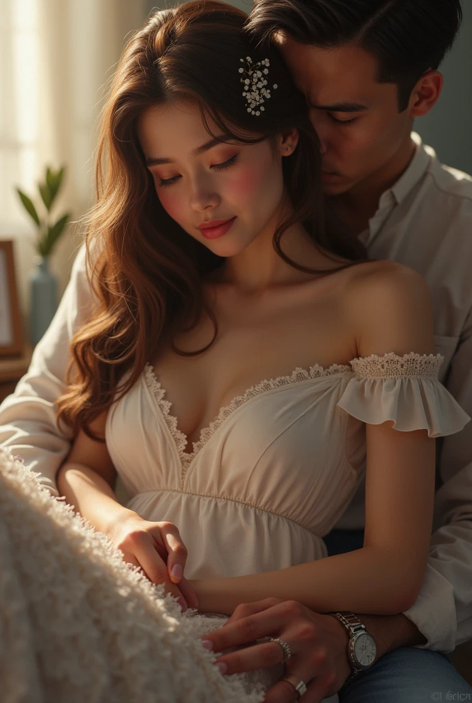 17 year old girl((sit))((baby face)), wearing pink dress cleavage, with black man bf in her side