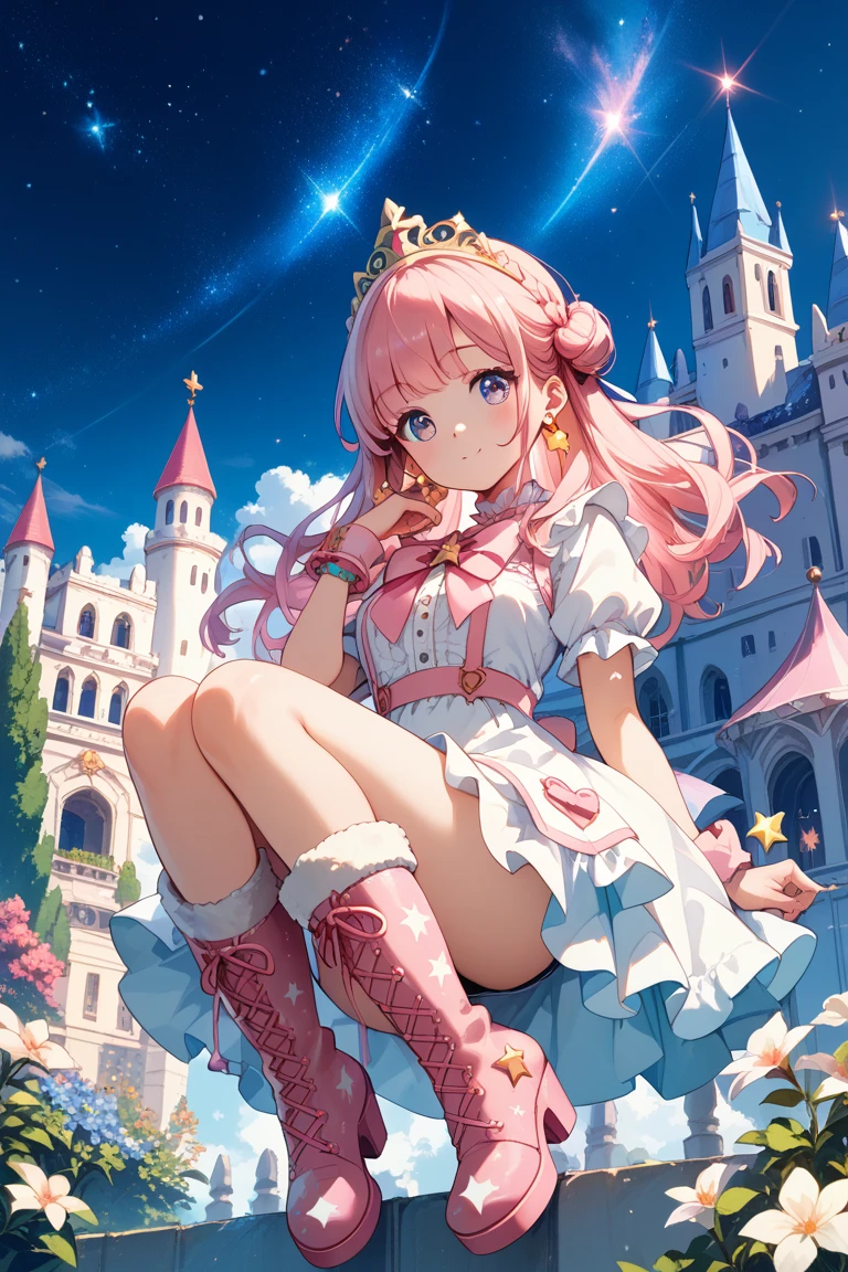 tmasterpiece, Best quality, high high quality, Extremely detailed CG unit 8k wallpaper, The landscape, External, sky sky, cloud, day, Great medieval castle, girl,change,a sailor suit,jaket,pink jacket,The skirt was lifted,with no underpants,no skirt,nakeness,no bra,no pantie