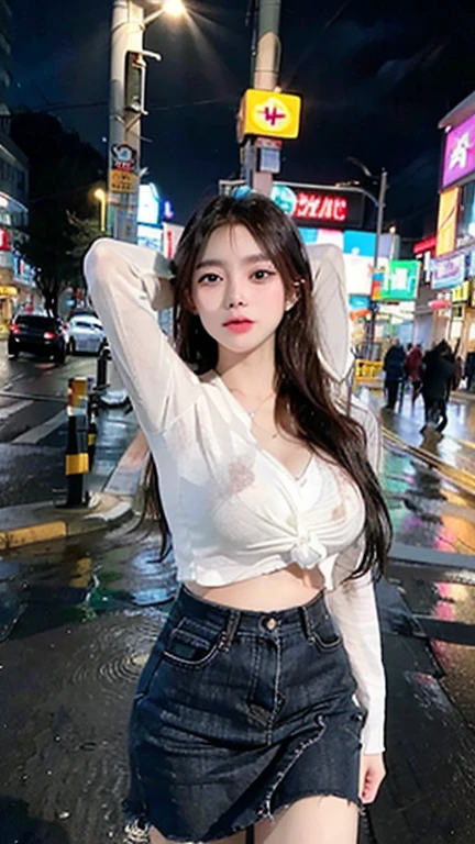 A 15-year-old Korean with long hair,Standing on the road wearing bra,no clothes wear skirt、drinking a drink、looking into camera