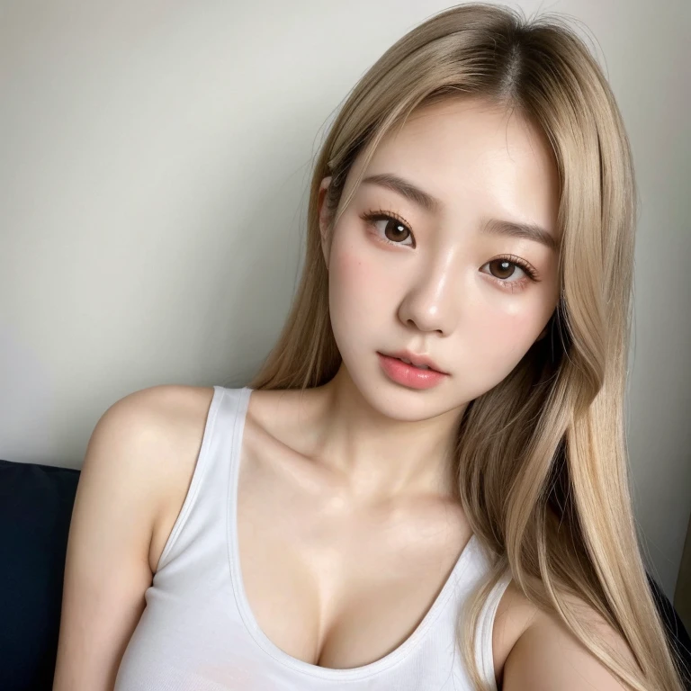 Retrato de um belo adolescente de 18 anos, blonde head, lindo coreana, foco nítido:1.2, 1girl, Mulheres bonitas com figura perfeita:1.4, abdominais finos:1.1, ((cabelos loiros claros)), (tampo de corte branco:1.4),(Ao ar livre,durante a noite:1.1),deitada na cama de costas,rosto ultrafino,Olhos Finos,Double eyelidm.