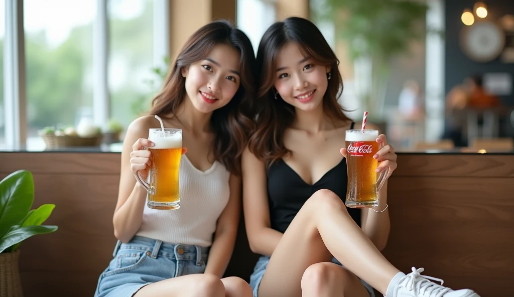 Beer promotion flyer, 1 beauty holding 2 glasses of beer