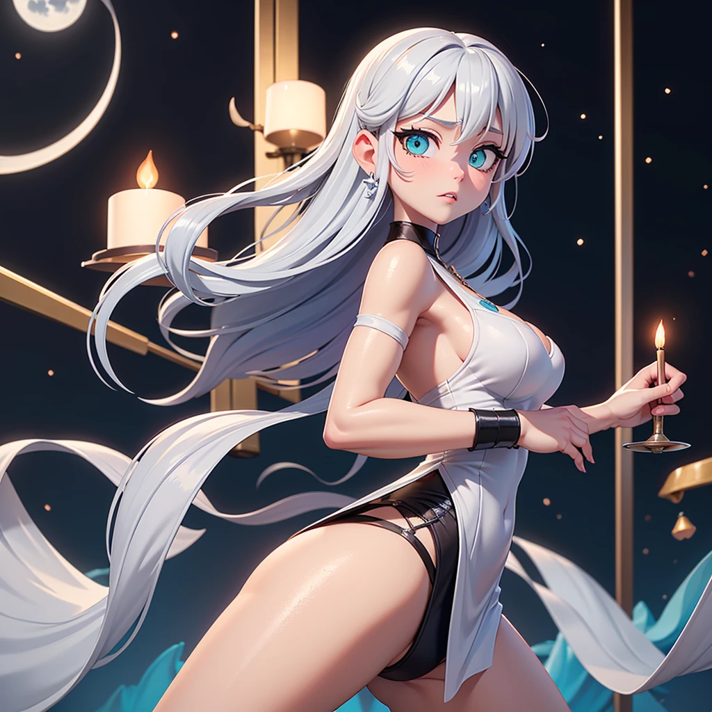 {{masterpiece}}, best quality, extremely detailed CG unity 8k wallpaper, cinematic lighting, lens flare, beautiful detail eyes, black,  side glance,  multicolor short white hair, colorful light, particles, heterochromia, (colorful:1.5), (colorful hair:1.5), Sexy bikini, bikini armor, nipple slip