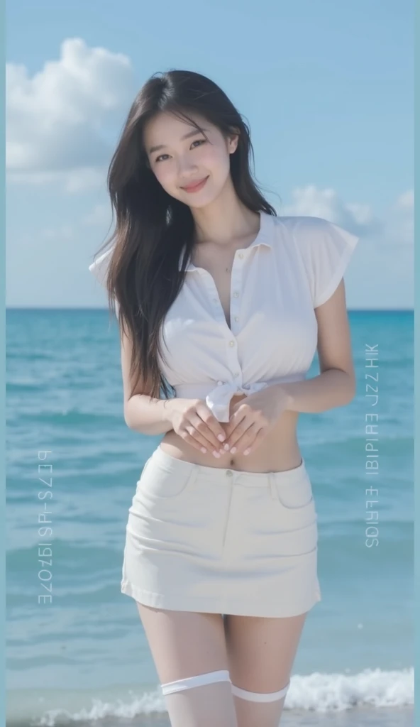 a girl wearing tiny blue sample earring, At the beach, sea, blue sky, sea breeze, half body shoot, Korean, KPOP, happy smile, group, white skin, black hair, jewelry, commercial advertising, white background, laser gradient background, subsurface scattering effect