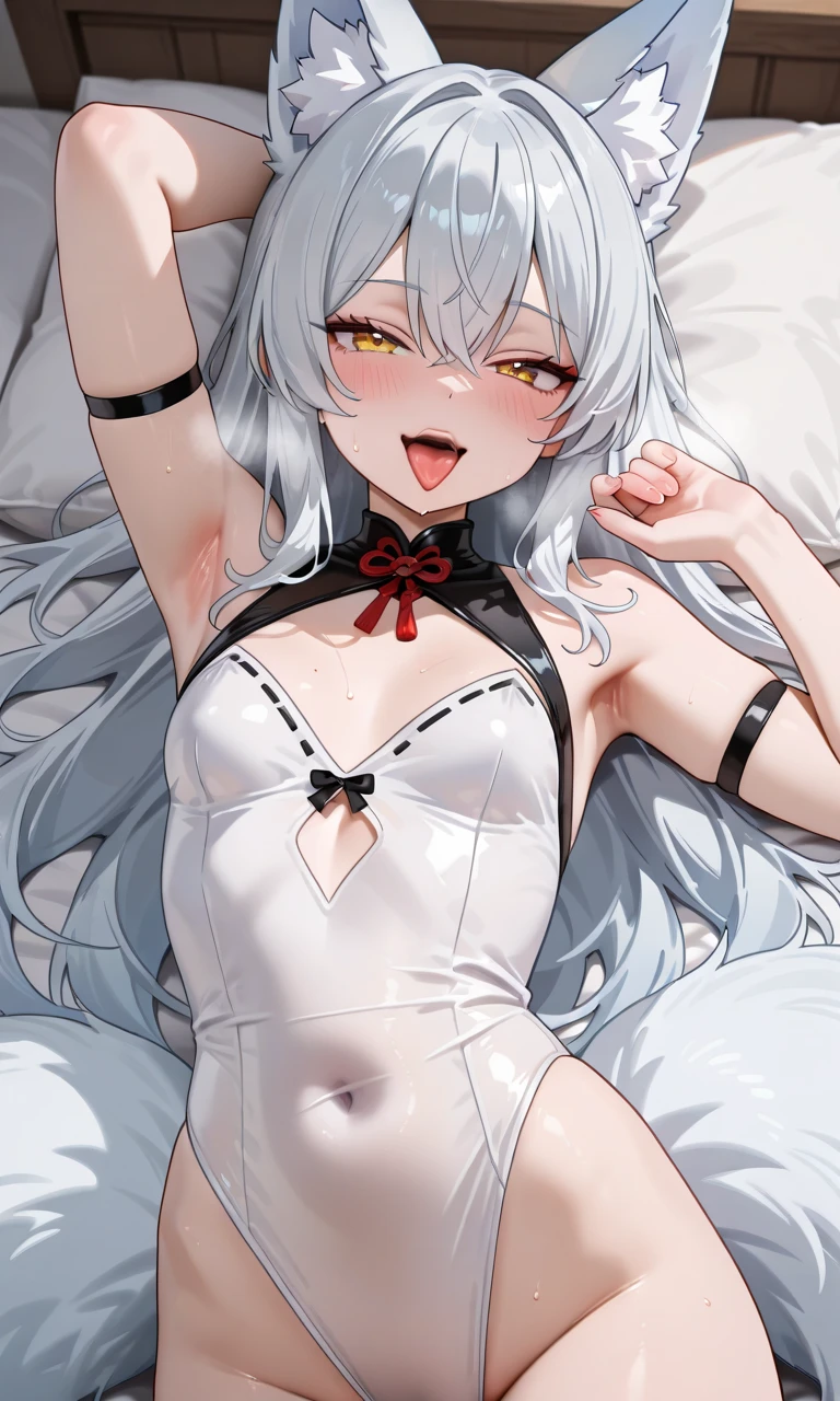 (masterpiece, ultra-quality: 1.2), ((super young girl)), ((12 years old)), Delicate Red eyes, White hair, mature half up hairstyle, neat features, White Bunny Girl, sit, ((small chest)), A chest, (White pantyhose: 1.4), pumps, sexy pose, seductive pose, smile, closed mouth, 12 years old, ((on bad)), (ready to have sex), shy, red blush, masterpiece, best quality, ultra-detailed, illustration, kawaii, detailed light, happy, smile, blush, Highlights hair, hair, beautiful detailed body, detailed sparkling eyes, 1girl, looking back, showing skin, white buttocks, bare thighs, perfect limbs, underwear, on bed, full view of buttocks, showing buttocks, in heat,, legs open,(( show vaginal rupture)), ((cum mouth)) correct anatomy, correct hands, correct fingers, cat like pose, small, cute, loli, sexy, attractive, ecchi, NSFW, ((laying on bad))