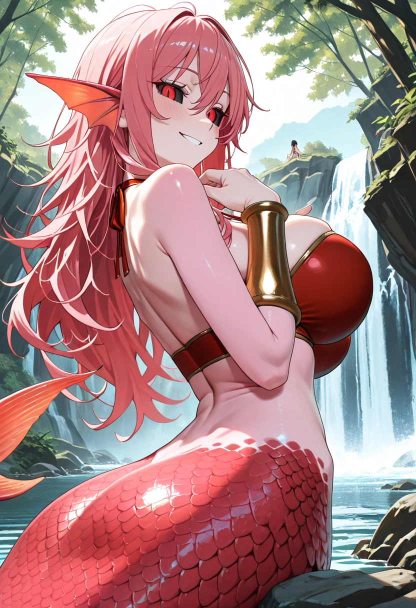 (masterpiece), best quality, expressive eyes, perfect face,1girl,YukineChris,day,forest lake,long hair, purple eyes, twintails,low twintails, ahoge, large breasts,happy,pointy ears,sitting in water,wet,water,mermaid,white mermaid tail,tail fins,red scales,white scales,strapless bikini,scale bikini,bangles,red crystal necklace,outstreched hand,cowboy shot
