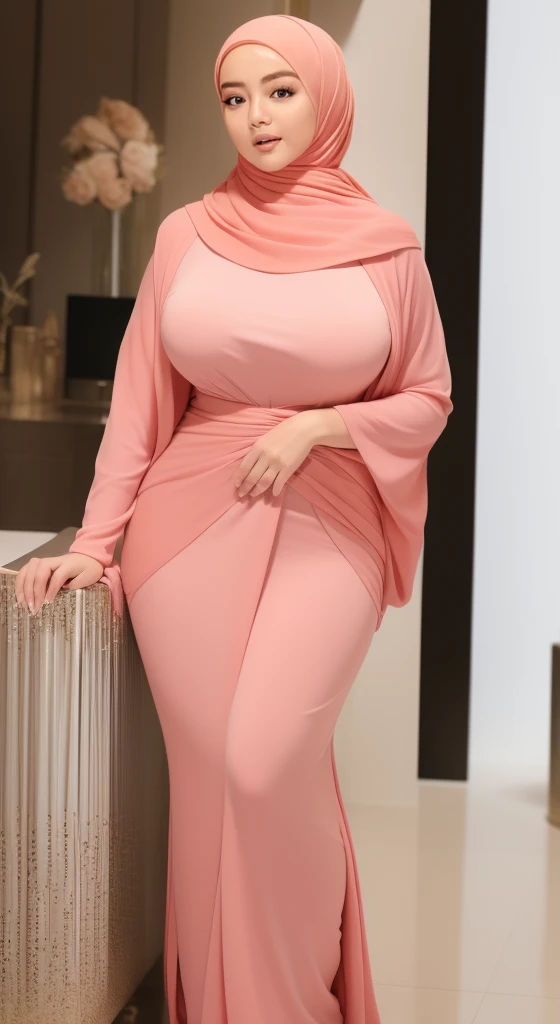 (masterpiece, best quality:1.2), 1girl, solo, An Indonesian woman muslimah wearing hijab, wearing a long pink dress, breasts covered, beautiful face, breasts covered by clothes, curvy body, cowboy photo, Curvy thighs, in a hotel room,