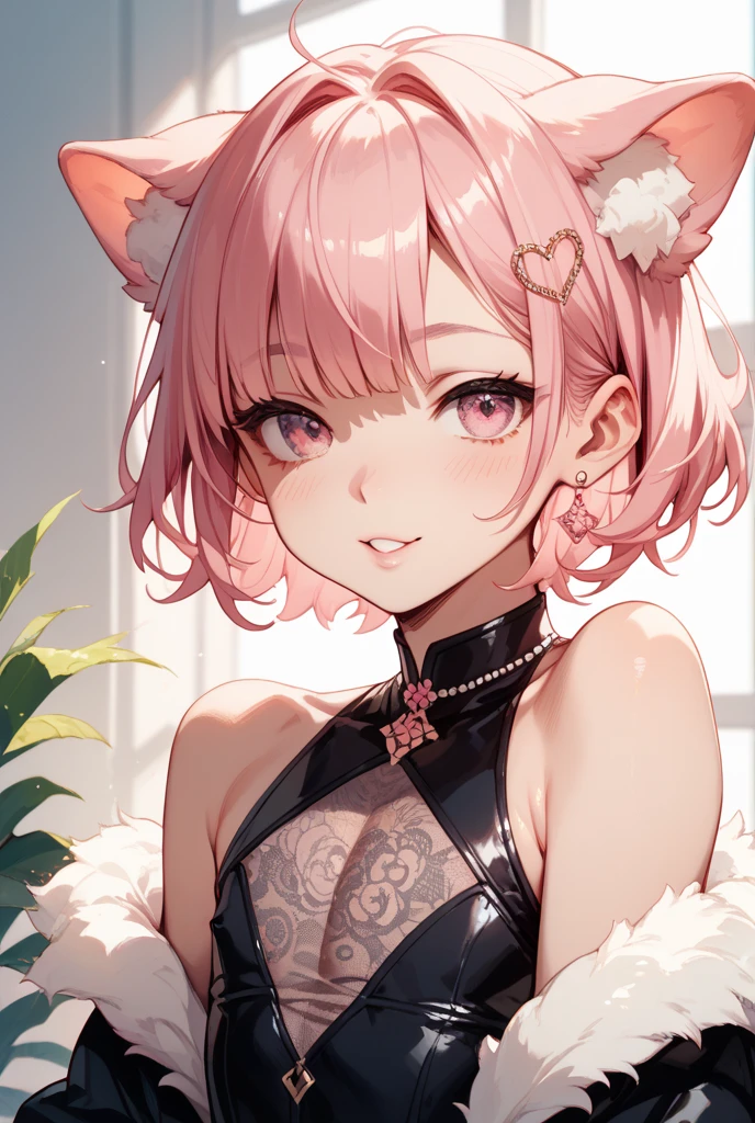 Eddie is a fluffy pink girl dog with pointed ears, a white muzzle, yellow gradient patches and inner ears, and fuchsia blushed cheeks. SPARKLE; GLITTER