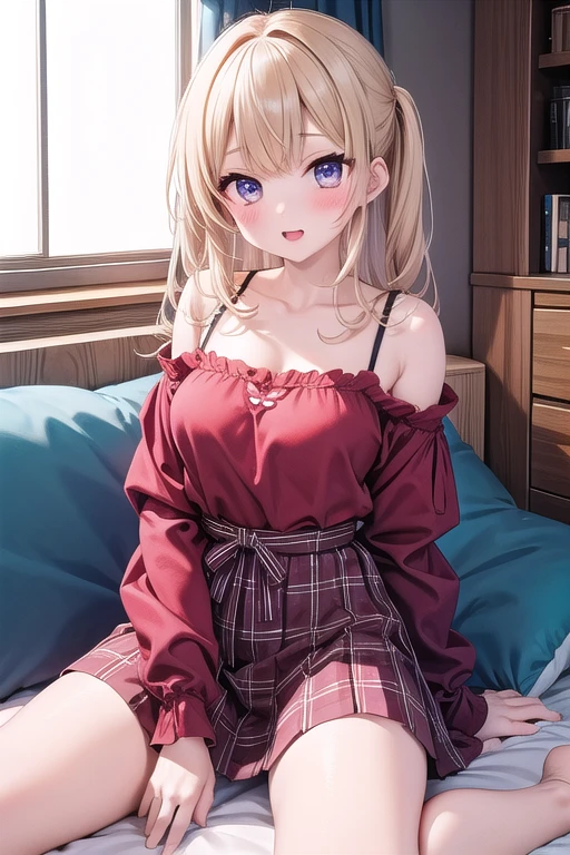 from above, super high quality, (8k, RAW photo, realistic), wearing light pink dress, skirt lift. light brown flowing layered braided bangs medium hair, beautiful cute woman, shining gold big eyes, annoying sexy expressions, medium breasts, slender, perfect proportion, background gorgeous bed room