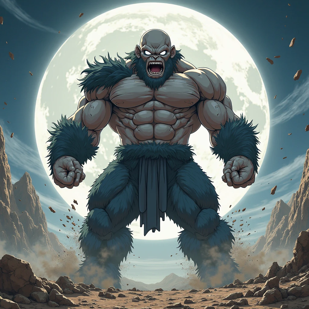oozaru, macro, gorilla, brown head, prick ears, monkey tail, bent legs, looking down, bara, barazoku, long muzzle, teeth, fangs, landscape dwarfing, smile, fist, day, sunlight, red eyes, glowing eyes, big eyes, no pupils, no sclera, sunlight, summer, desert, (pecs:1.70), (erect nipple:1.7), wearing no clothes, (detailed face:1.40)