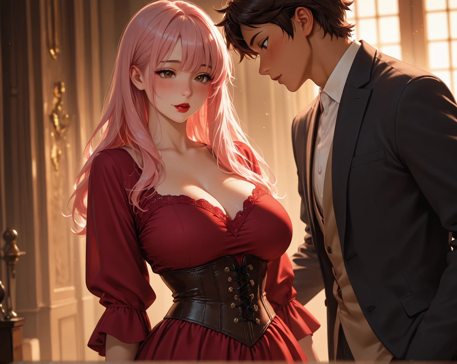 (Tabletop, Digital Art, digital illustration, 4K, 8k, Very detailed, Beautiful images, Clear images, Realistic, RAW Photos, Perfect Face, Perfect Lines, Perfect Eyes, Soft lighting) 1 female, (Long dark pink hair,Straight hair,Bullish expression,Beautiful woman,suit,Solid makeup,Medium breast、23-year-old female,:1.3),secretary, Two handsome men in suits, (human,Man in suit,Muscular,Strong shoulder width, human,Boyish hairstyle,Dark Blue Hair,English gentleman'style,A man in his 30s with a cool expression,A 28-year-old man with a bright smile:1.2),Moonlit Night、City of night、Moon and light、illumination、Couple、couple kissing、Romance、romance porn、look at each other、Embrace each other