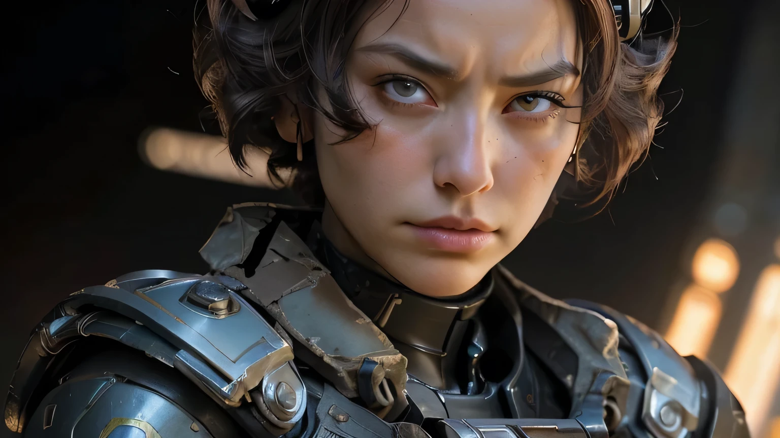 a photorealistic cinematic portrait of a zeon pilot, beautifully detailed face with piercing eyes, wearing a sleek and advanced flight suit, dramatic lighting, cinematic composition, hyperrealistic, 8k, high quality, digital art