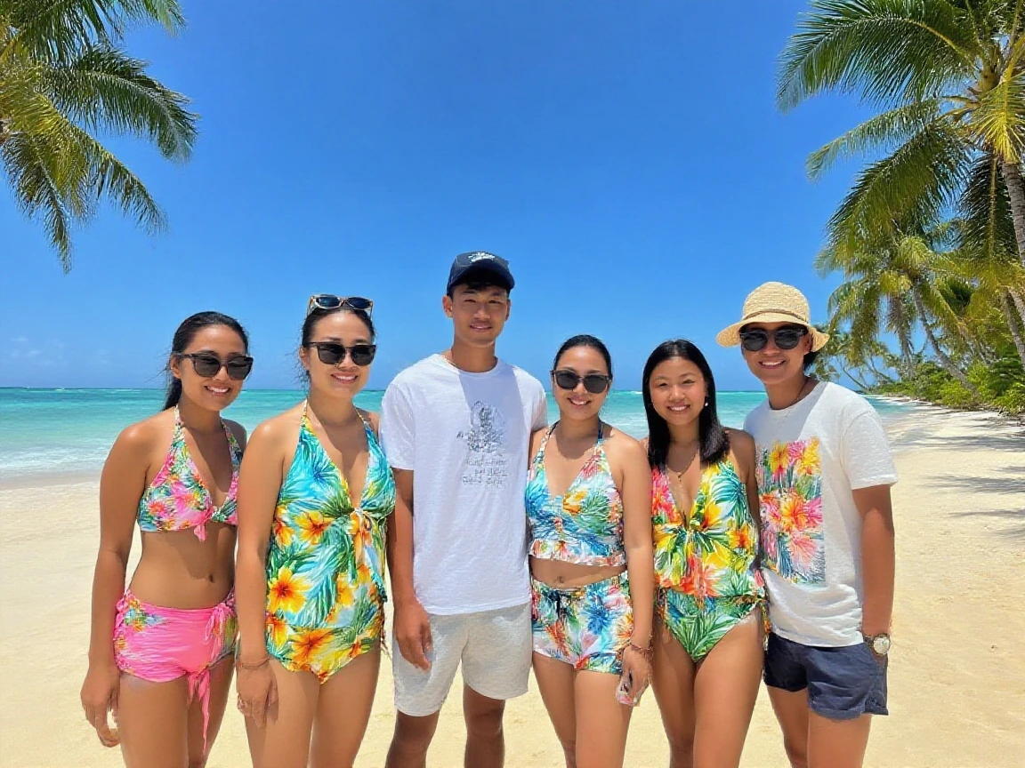 Male and female asian beach wrestling team posing for photo. Smiling. Arms around each other. Men shirtless, women wearing sports bras