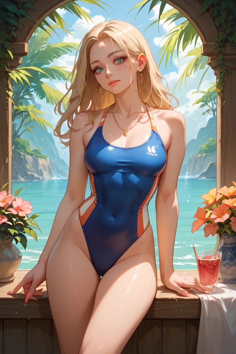 a blonde woman, blue eyes, chubby cheeks, full face. medium length straight hair over one shoulder. she wears a dark blue one piece bathing suit. emphasize her hair swept over one shoulder, leaving the other shoulder bare. emphasize that she is an adult, (((small breasts ))). She reclines on a deckchair, sunning herself.