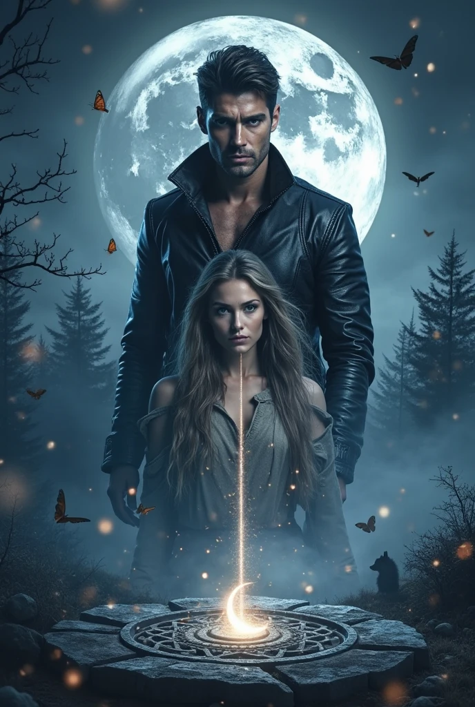 A girl with black curly hair, slim, beautiful, brown eyes and wearing a wine red dress. A black-haired boy with curly hair, grey eyes, tall and strong, full of tattoos with a gun in his hand. They are both in a forest, the forest is dark and it is night, Behind them you can see the shadow of a tall, hooded man holding a gun in his hand. 