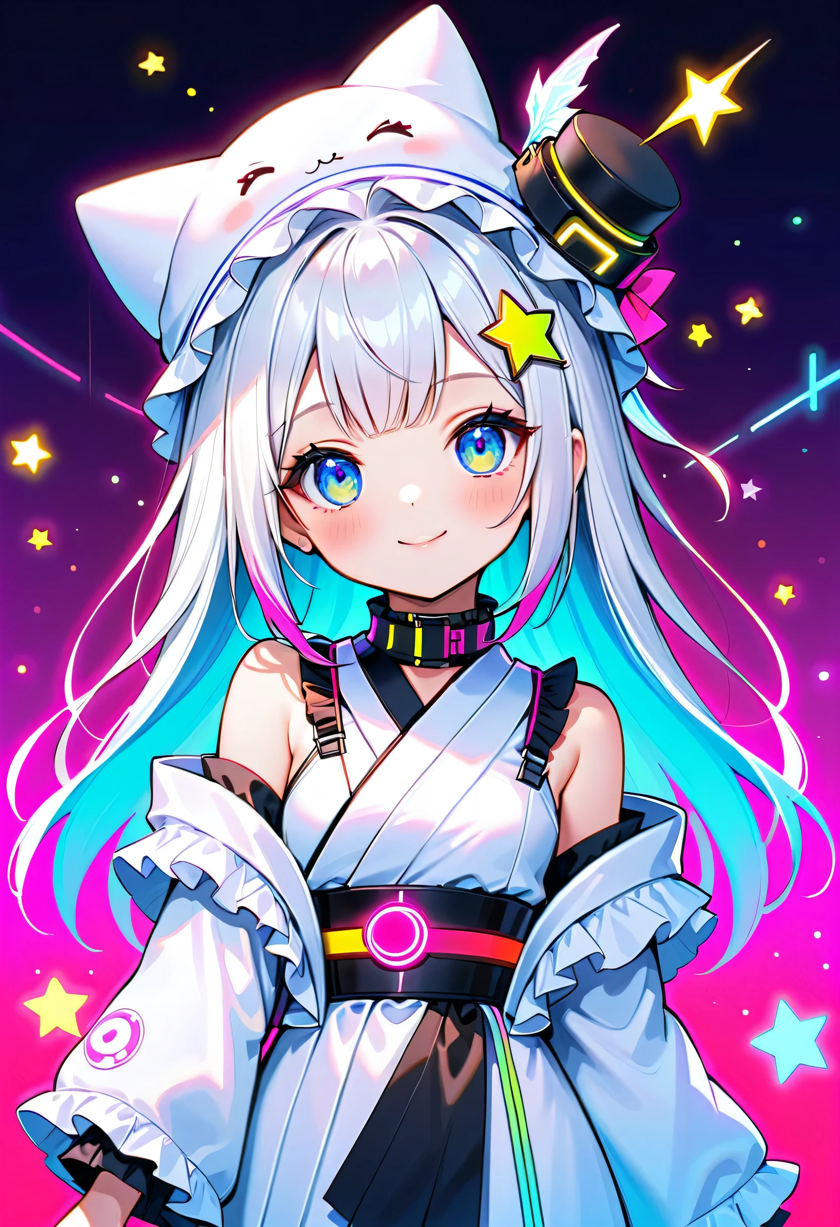 cute young girls , best details, cute face,cute smile、 Beautiful appearance, ((Shiny milky white hair)) 、beautiful attention to detail,(((Cyberpunk and kimono fusion)))、( Asymmetric Long Hair)、((neonカラーパレット)), ((neonカラースターチョーカー)), ((Ruffles on the collar )), ((wear a cute cyberpunk kimono costume)), ((Protruding Shoulders, long wide cuffs)), ((fashion pattern that feels like space)), (( Star Fairy)), ((wear a colorful and cute gothic kimono costume)), smile, smirking, World's Cutest Girl, star background, best details , Rainbow Hair Ornament, Vtuber character design, neon, Shine, sparkle、太目のneonカラーアウトライン、(((Little silk hat on her head)))、