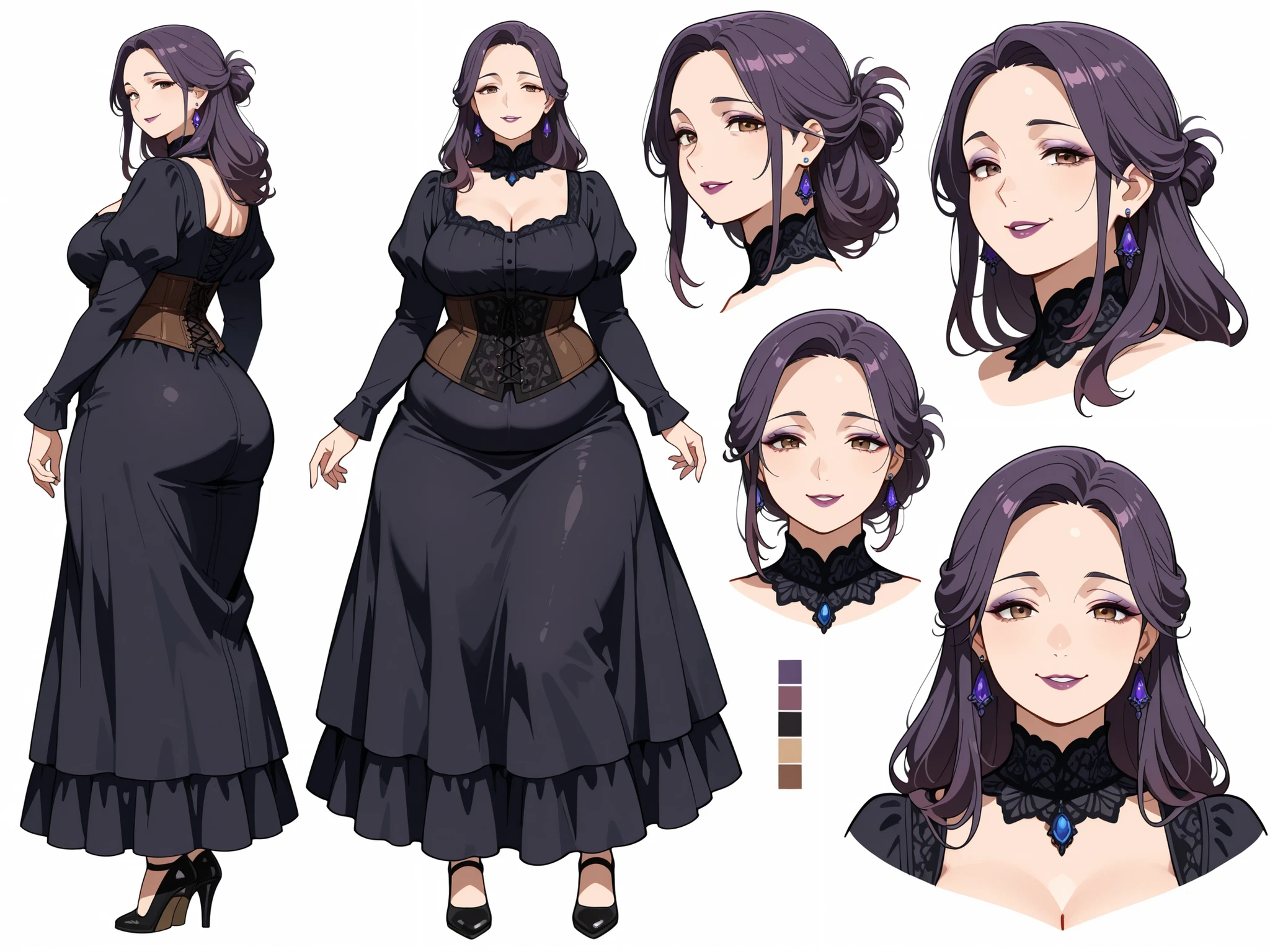 Masterpiece, best quality, character design sheet, ((mature goth woman)), clean lineart, multiple poses, makeup:0.7, loose hairstyle, light brown eyes, dark violet hair, white background, plump curvy figure, color palette swatches, front view, side view, back view of character:1.2, animation-ready style, eye smile, black victorian inspired dress, corset, drop-shaped earrings, clean professional layout, partially obscured heels, forehead, half-up hair