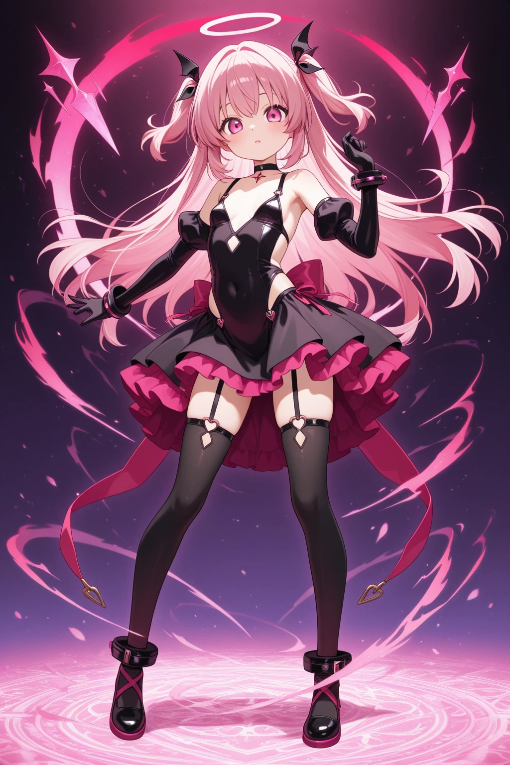 A full body anime girl joker inspired by Harley Quinn with a amazing dress design with pink coloured eyes and grey hairs