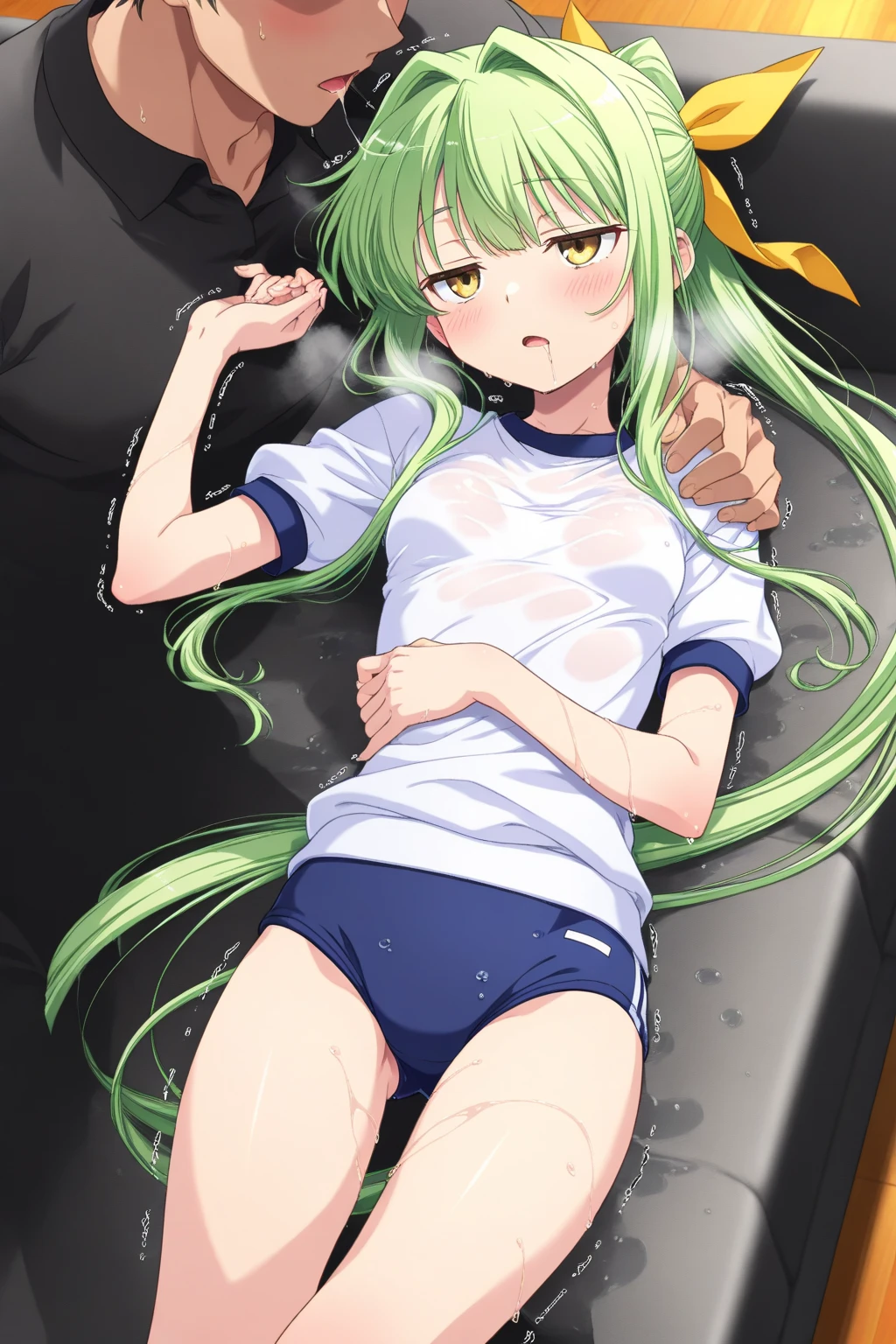 young woman,Green long straight hair,Blue Eyes,Even bangs,Straight bangs,high resolution,Adult content,sex,Nipples,sexual intercourse,Too much exposed skin,Just before climax,Tight skirt,Green super short dress,Highest quality,sexy,masterpiece,Make your face bright red,Big Breasts,toned,girl, man, sex, standing, man hug girl’s knees from back, man hold girl, breasts, nipples, both legs up, open legs, best quality, very aesthetic, ultra-detailed, best illustration nsfw, sweat, steam, female ,
