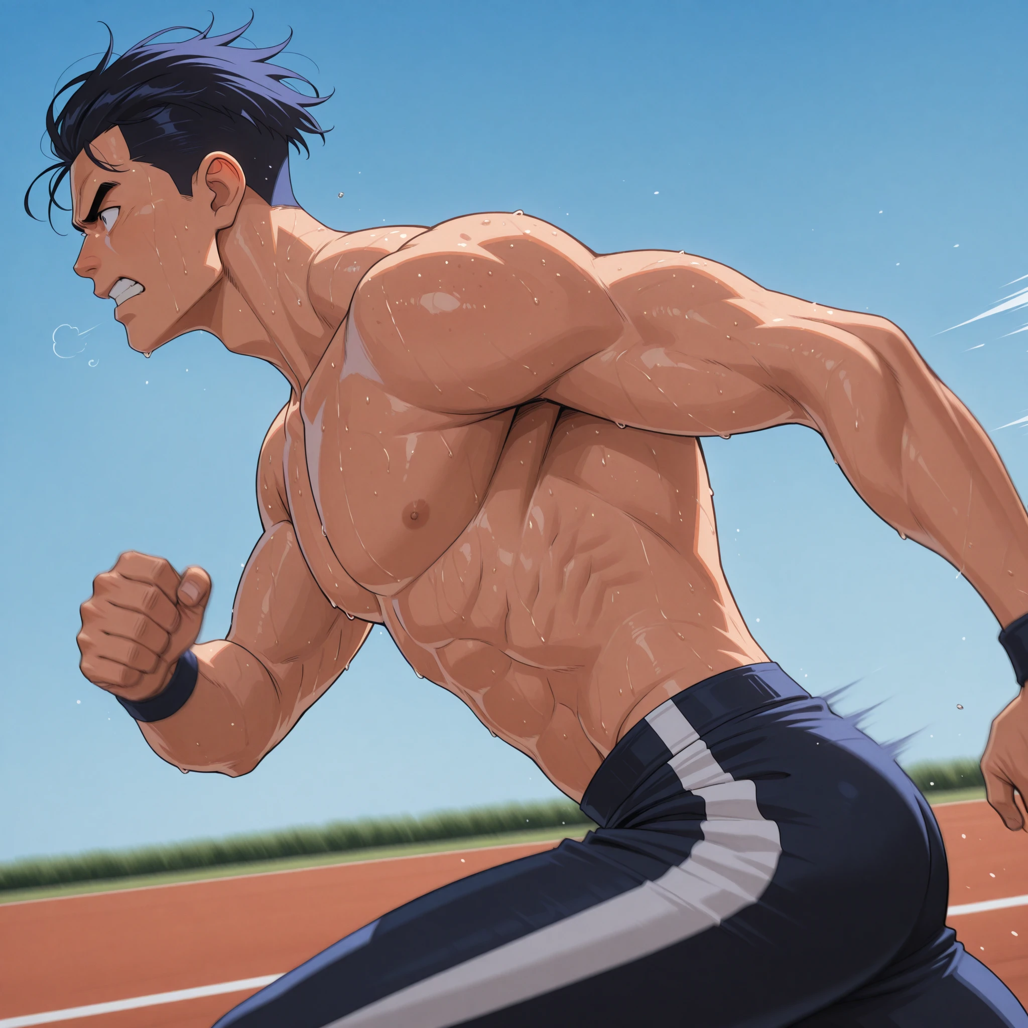 shirtless, super muscular, sweat-drenched body, 22-year old short black hair handsome male wearing sweat-drenched white soccer shorts and shoes, running, playing soccer on the field
